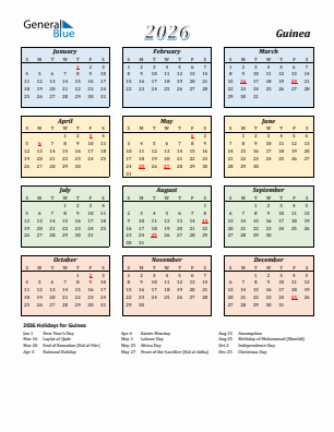 Guinea current year calendar 2026 with holidays