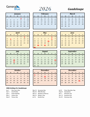 Guadeloupe current year calendar 2026 with holidays