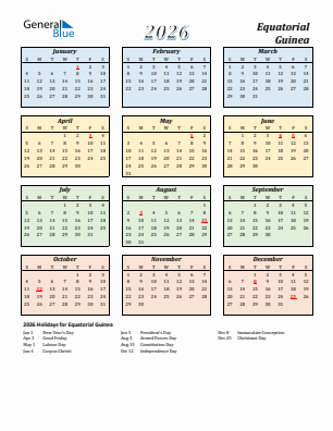 Equatorial Guinea current year calendar 2026 with holidays