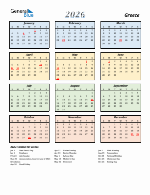 Greece current year calendar 2026 with holidays