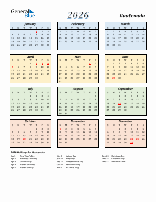 Guatemala current year calendar 2026 with holidays