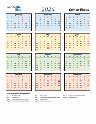Guinea-Bissau current year calendar 2026 with holidays