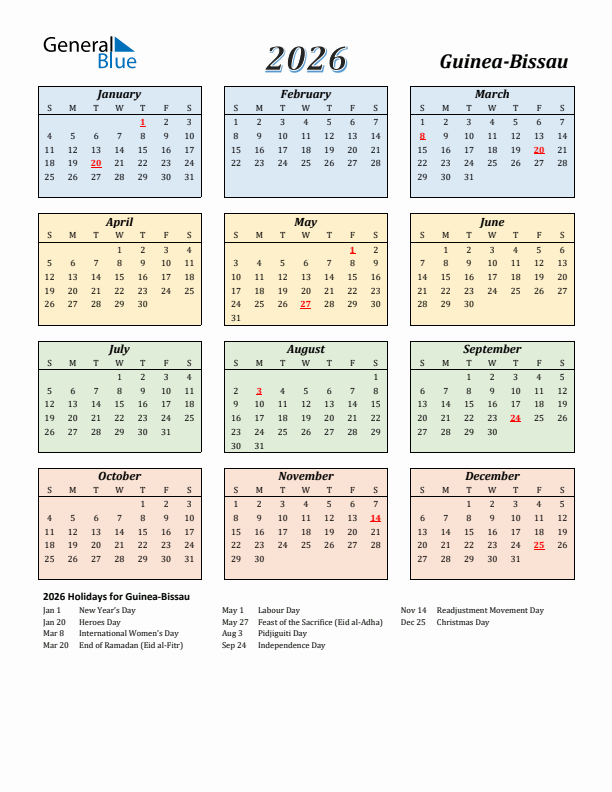 Guinea-Bissau Calendar 2026 with Sunday Start