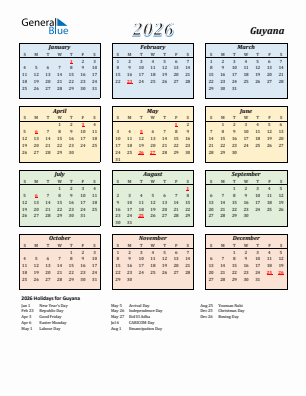 Guyana current year calendar 2026 with holidays