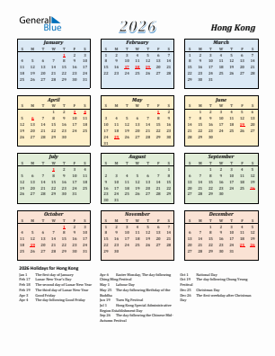 Hong Kong current year calendar 2026 with holidays
