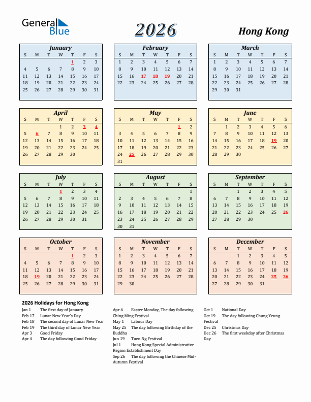 Hong Kong Calendar 2026 with Sunday Start
