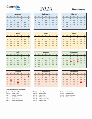 Honduras current year calendar 2026 with holidays
