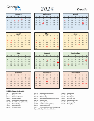 Croatia current year calendar 2026 with holidays