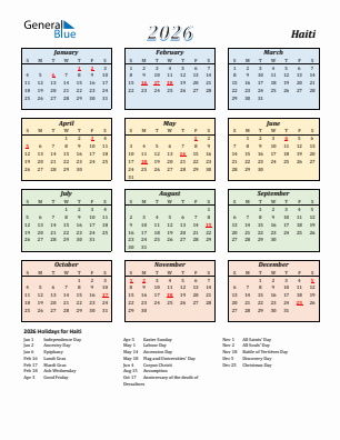Haiti current year calendar 2026 with holidays