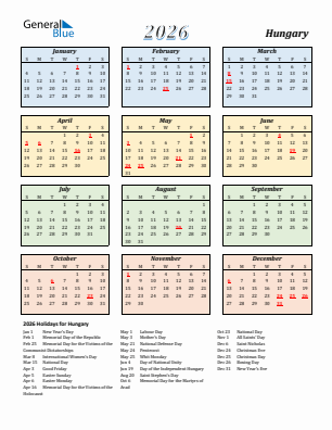 Hungary current year calendar 2026 with holidays