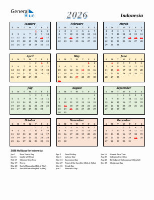 Indonesia current year calendar 2026 with holidays