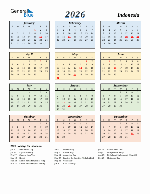 Indonesia Calendar 2026 with Sunday Start