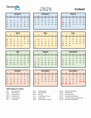 Ireland current year calendar 2026 with holidays