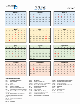 Israel current year calendar 2026 with holidays
