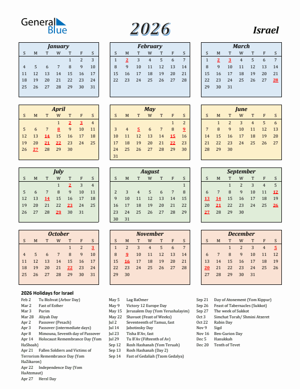 Israel Calendar 2026 with Sunday Start