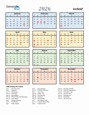 Iceland current year calendar 2026 with holidays