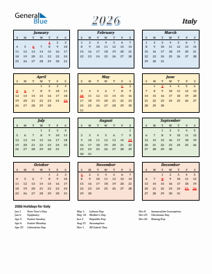 Italy current year calendar 2026 with holidays
