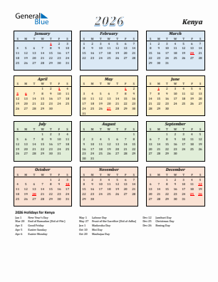 Kenya current year calendar 2026 with holidays