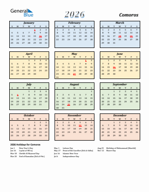 Comoros current year calendar 2026 with holidays