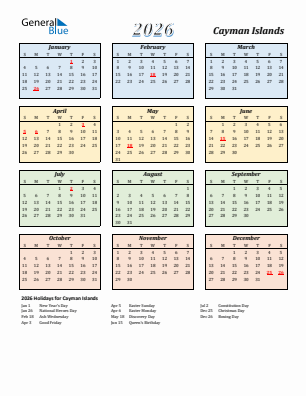 Cayman Islands current year calendar 2026 with holidays