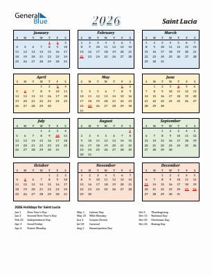 Saint Lucia current year calendar 2026 with holidays