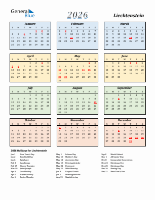 Liechtenstein current year calendar 2026 with holidays