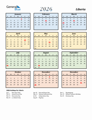 Liberia current year calendar 2026 with holidays