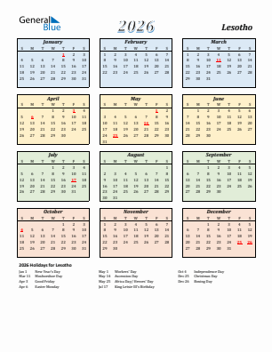 Lesotho current year calendar 2026 with holidays