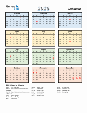 Lithuania current year calendar 2026 with holidays