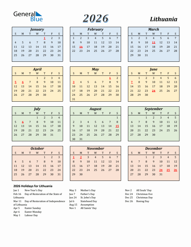 Lithuania Calendar 2026 with Sunday Start