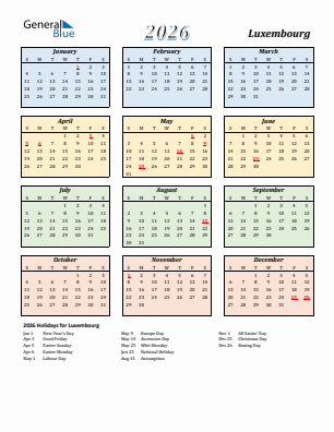 Luxembourg current year calendar 2026 with holidays