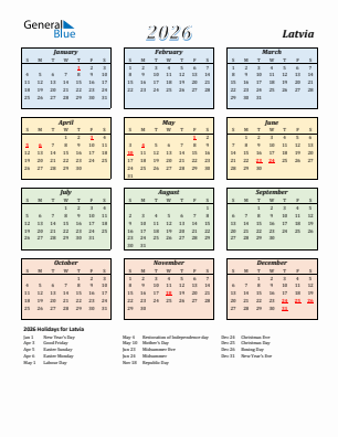 Latvia current year calendar 2026 with holidays