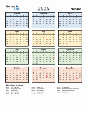 Monaco current year calendar 2026 with holidays