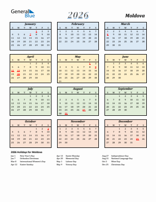 Moldova current year calendar 2026 with holidays