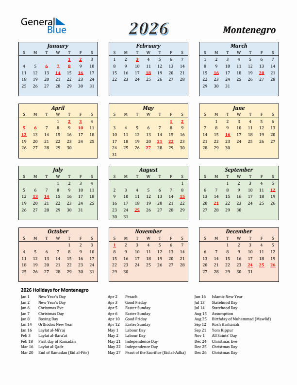 Montenegro Calendar 2026 with Sunday Start