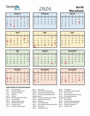 North Macedonia current year calendar 2026 with holidays