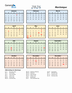 Martinique current year calendar 2026 with holidays