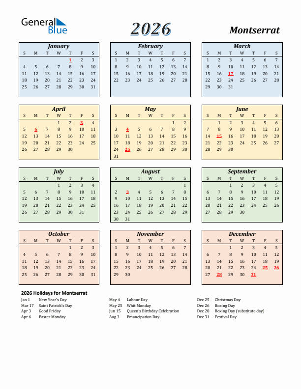 Montserrat Calendar 2026 with Sunday Start