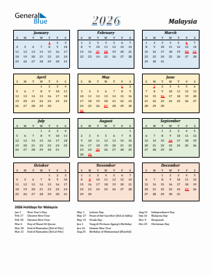 Malaysia current year calendar 2026 with holidays