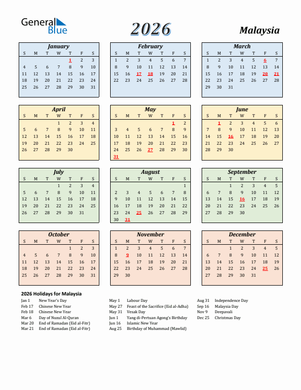 Malaysia Calendar 2026 with Sunday Start