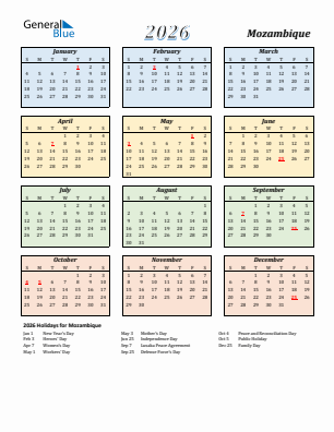 Mozambique current year calendar 2026 with holidays