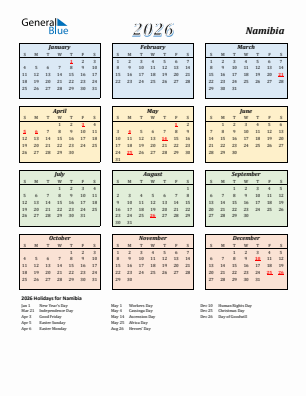 Namibia current year calendar 2026 with holidays
