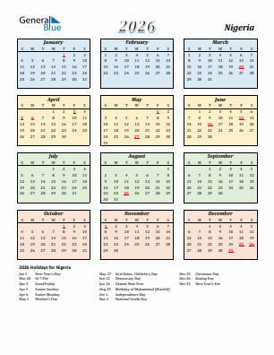 Nigeria current year calendar 2026 with holidays