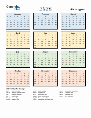 Nicaragua current year calendar 2026 with holidays