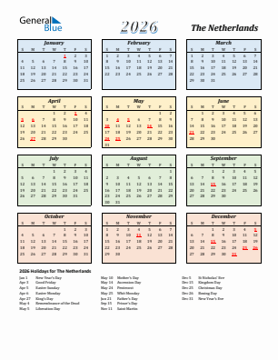 The Netherlands current year calendar 2026 with holidays