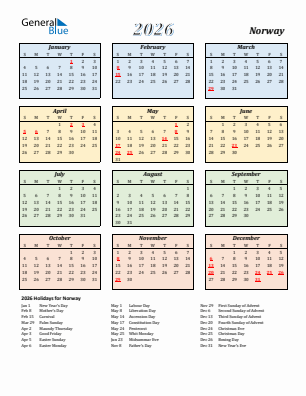 Norway current year calendar 2026 with holidays