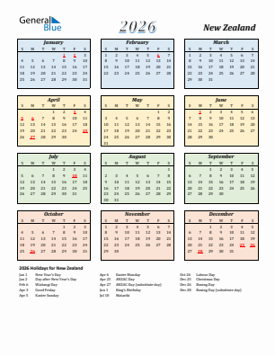 New Zealand current year calendar 2026 with holidays