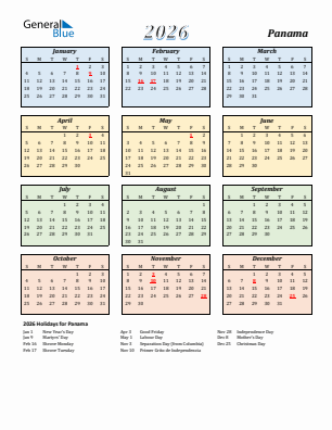 Panama current year calendar 2026 with holidays