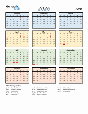 Peru current year calendar 2026 with holidays