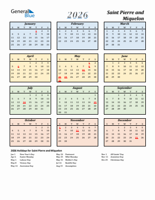 Saint Pierre and Miquelon current year calendar 2026 with holidays